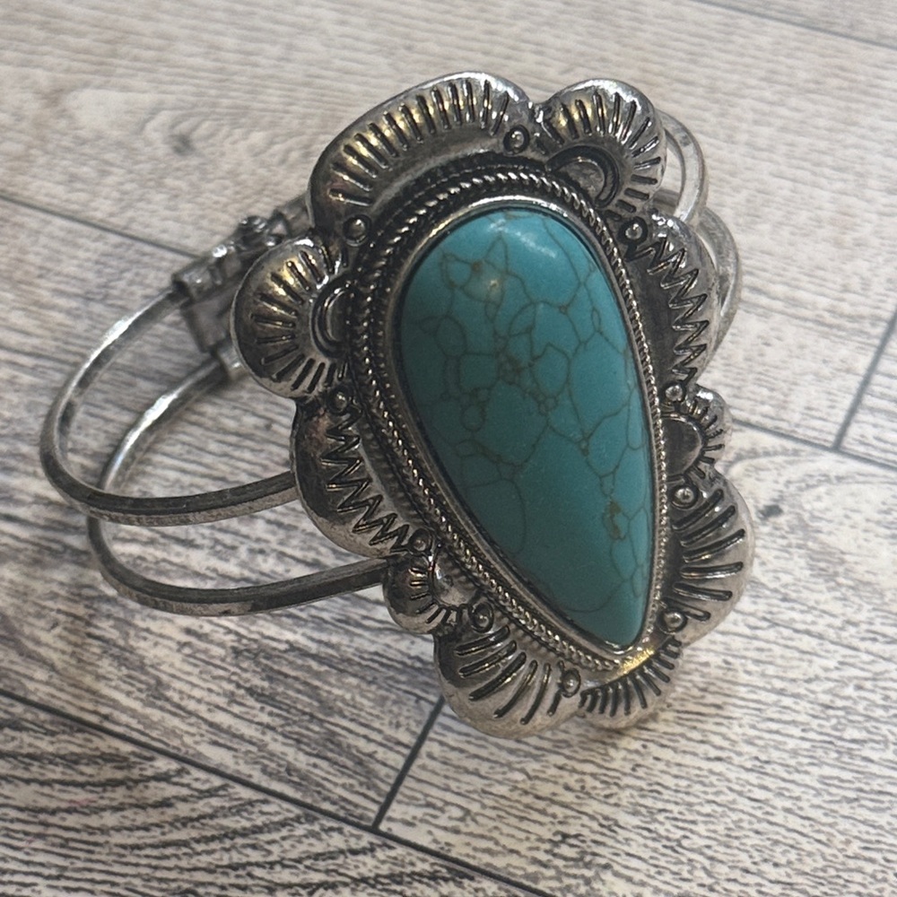 Turquoise Stone Silver-Tone Cuff Bracelet